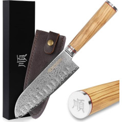 YOUSUNLONG Damaskas Santoku nazis, asmens 17,00 cm garumā ar melnu āmuru - ļoti augstas kvalitātes ļoti ass profesionāls Santoku nazis ar damaskas asmeni un olīvkoka rokturi, virtuves nazis