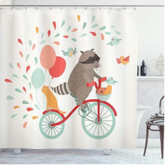 ABAKUHAUS Seppia Animal Shower Curtain, Raccoon on Bicycle, водонепроницаемый, непрозрачный, 12 колец, долговечный, устойчив к бактериям и плесени, 175 x 200 см