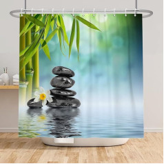 SDOTPMT 180 x 198 cm Kurort Japāņu tēma dušas aizkars Zaļa bambusa lapas Orchideju bazalta akmeņi Vannas aizkars Zen Meditācija Vannas aizkars vannas istabai Poliesters ar āķiem