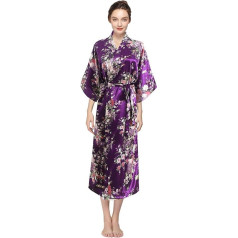 YAOMEI Sieviešu ģērbšanās kleita Kimono pilnā garumā Zīdains satīna naktsveļa halāts Peacock un ziedu Kimono Negligee Silk Robe Loose Pyjamas Paplašinātā versija