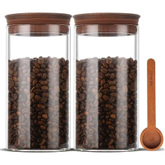 BOILMERIT Vorratsdosen Glas mit Deckel 2er Set, 1100ml Vorratsgläser mit Holz Schaufel für gemahlenen Kaffee und Küchen Mehl, Weite Mund luftdichter Vorratsglas fasst bis zu 900g Kaffeebohnen