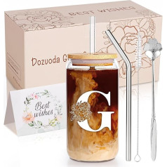 Dozuoda Glasbecher mit Bambusdeckel und Strohhalmen, A-Z, monogrammierte Glas-Kaffeetasse, Muttertagsgeschenke für Frauen, Mutter, Trinkglas, personalisiertes Geburtstagsgeschenk, Glasdose, Initiale