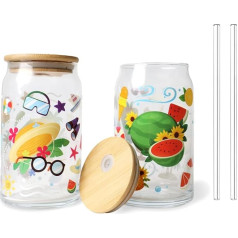 Gveuwin Sommer-Eiskaffeetasse, 473 ml, Trinkglasbecher mit Bambusdeckel und Strohhalmen, Kaffee-Glasbecher, Sommer-Bierglasbecher, niedliche Sommer-Hawaii-Trinkgläser, 2 Stück