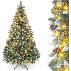 Yorbay Artificial Christmas Tree with Lighting and White Snow, LED Christmas Tree for Christmas Decoration with Real Pine Cones, Fire Resistant (180 cm)