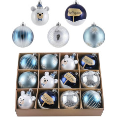 Valery Madelyn Christmas Baubles, 12 gab., 8 cm, Ziemassvētku eglīšu rotājumi ar dāvanu iepakojumu, Ziemassvētku eglīšu rotājumi ar pakaramo, rotājumi, Ziemassvētki, tēma, sudrabaini zils