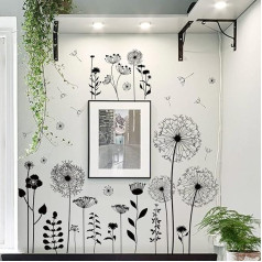 Arquiel Wall Tattoo Dandelion Black Wall Picture Flowers Wall Sticker Living Room Dandelion Plants Wall Decoration for Bedroom Living Room Cupboard Large