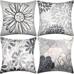 Cheekywares Dīvāna spilvens 50 x 50 cm Spilvenu pārvalks Pildījums Vasaras moderns Boho Grey Daisy Linen Dekoratīvs spilvena pārvalks dīvānam Dārza dīvāns Guļamistaba Āra 4 gab.