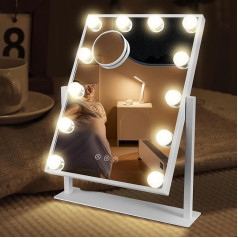 Yontwe Hollywood Mirror with Lighting LED Type C and USB Charging Port 12 Dimmer Lights 3 Light Modes Makeup Mirror with Lighting Hollywood Mirror Wall Mounted White 40 x 30 cm