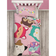 Squishmallows Segas pārvalka komplekts I Reversible Single Duvet Cover Set I Bērnu gultas piederumi ar atbilstošu spilvendrānu