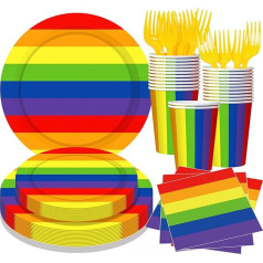 fanquare Rainbow Party galda piederumu komplekts ar 120 krāsainām svītrām Papīra šķīvji Papīra galda piederumu komplektā ietilpst papīra šķīvji, krūze, salvete un dakšiņas praida ballītes dekorēšanai 24 viesi Puses piederumi