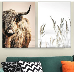 VTRXEG Highland Cow Canvas, Modern Nordic Highland Cow Art Prints Plakāts, dzīvojamā istaba, guļamistaba, sienas Dekoratīvie attēli, bez rāmja (A, 2 x 30 x 40 cm)