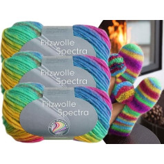 Gründl Spectra filca vilna 3 x 100 g 100% neapstrādātas vilnas (ekonomiskais komplekts 05 Rainbow Mix), ieskaitot adīšanas instrukciju filca čībām + 3 kristāliņi piešūšanai.