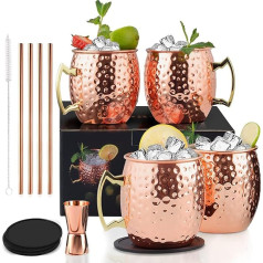 Yoassi Moscow Mule krūzes, 4 vara krūžu komplekts, Moscow Mule Mug, vara krūze, ieskaitot 4 x silikona paliktņus, 4 x salmiņus, 1 x šota glāzi, 1 x salmiņu birsti Kokteiļu glāzes Ideāls dāvanu komplekts