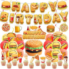 Ātrās ēdināšanas partiju rotājumi Frī kartupeļi Picas Hamburgeru cepta vistas Hot Dog Party piederumi, tostarp dzimšanas dienas baneris Cake Topper Cupcake Topper Spirālveida baloni ātrai pārtikai