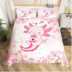 Manfei Cute Axolotl bērnu sega sega Cover Set, S izmērs, karikatūra Salamandras dzīvnieki gultas piederumi, meitenes, zēni, pieaugušie, Sakura Cherry Blossom Ukiyoe Comfort Cover, rozā romantisks sega segu pārvalks, 1 spilvendrāna