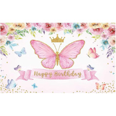 Allenjoy Happy Birthday Butterfly Party Background Baby Girl Fairy Princess Pink Rose Floral Gold Photography Background Kids Sweet Cake Table Banner Decor Supplies