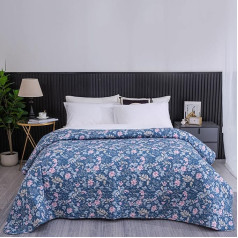 Vensan Visu sezonu kokvilnas stepēts gultas pārklājs Floral Blue Reversible Comfortable Lightweight Double Size 250 x 230 cm