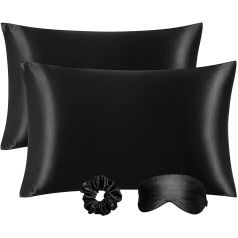 PiccoCasa Satin-Kissenbezüge für Haar und Haut mit Augenmaske und Haargummi, weicher Kissenbezug, 2er-Pack, Reißverschluss, seidiges Bett-Kissenbezüge-Set zum Schlafen, schwarz, 50 x 65 cm