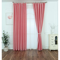 Yaland Home Modes dekoratīvie aizkari Pārsvītrots aizkars Moderns Pārsvītrots paneļu aizkars Gingham aizkari ar RUFFLE lentu (W x H 200 x 250 cm, sarkans) Pack of 1