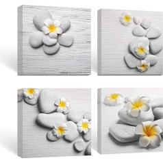 SUMGAR Gelb und Grau Blumen Wandbild auf Leinwand Zen Steine und Frangipani Feng Shui-Bild Floral Druck für Yoga Arbeitszimmer Schlafzimmer Wohnzimmer 30x30cm 4 Stücke