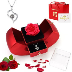 Konservierte rote Rose Geschenke für Frauen, Ewige Blumen Rose & Ich liebe dich Herz Halskette in 100 Sprachen mit öffnender Apfelförmiger Box, Geschenk für sie Mutter Frau Freundin am Valentinstag