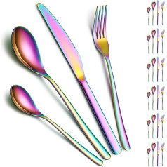 Bestecksets 24 Teile Service für 6, ReaNea Regenbogen Titanium Plating Besteck Set Include Abendessen Messer, Abendessen Löffel, Abendessen Gabeln, Abendessen Gabeln, Teelöffel, spülmaschinenfest