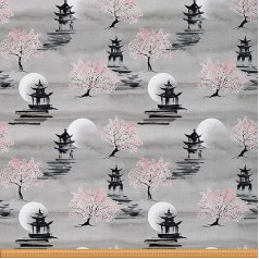 The Yard Japānas audums, eksotiskais ķiršu ziedu audums krēsliem, austrumu pagoda Sakura audums polsterējumam un DIY projektiem, 2 jardi (L184 x W150 cm), rozā pelēks