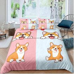 feelingyou Bērnu karikatūra suņu gultas komplekts Smiling Puppy Corgi Daily Pet gultas komplekts 135 x 200 cm rozā zils apakšā gultas komplekts bērniem zēni meitenes pusaudži 2 gabali Zip mikrošķiedra