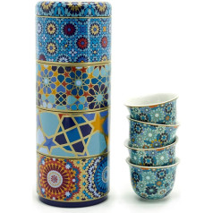 IMAGES D'ORIENT Dāvanu komplekts 2 in 1 metāla kārbiņas ar 4 x 60 ml porcelāna espresso tasītēm Mocha Cups ar Vidusjūras austrumu dizainu