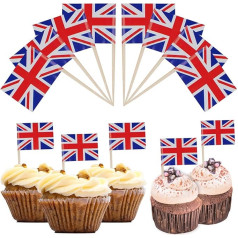 Gydandir 200 Stück Union Jack Zahnstocher Britische Sandwichflaggen Union Jack Cocktailsticks Flaggen, Obstsalat Cupcake Topper Party Supplies Queens Platinum Jubilee