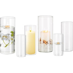 Glasseam Lantern Stikla sveču turētājs Pillar Candles: 6 stikla cilindrs ar pamatni Sveču turētājs Pillar Candles ar eikalipta vainagu galda dekorēšanai Caurspīdīgas sveču burkas Vāze kāzu Ziemassvētkiem