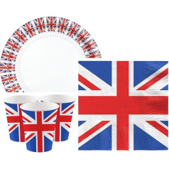 ZULFA LONDON Kings Coronation Party Supplies - 32 gabali Union Jack Party Supplies - ietver 8 šķīvjus, 8 tasītes un 16 salvetes