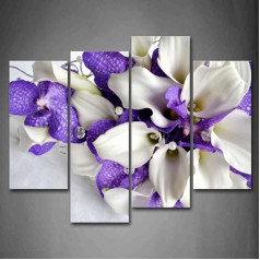 Pirmā sienas māksla - Blumen Leinwand Bilder EIN Strauß lila un Weißer Blumen Wandbild Poster 4 Panel Modern Pflanze Dekorationen Für das Wohnzimmer,Büro,Küche,Badezimmer,Schlafzimmer