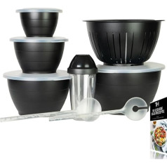 Thiru salātu trauki Black Economy komplekts ar vākiem - 8 gabali 0,6L/1,3L/2,5L/4,4L/6,5L - ar vāku, cimdu, salātu servīzes - nesatur BPA - ietver e-grāmatu ar 50 receptēm