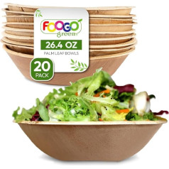 FOOGO Green 20 vienreizlietojamie palmu lapu trauki, 8 collu salātu bļodas, 750 ml, dziļi apaļi, videi draudzīgi, noārdāmi, kāzām, ballītēm, līdzīgi koka bļodai un papīra bļodai, uzkodu bļodai