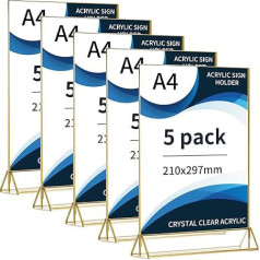 5 x Gold A4 Picture Frames Double Sided Acrylic Table Number Holders with Gold Edge Ideal for Wedding Table Numbers, Restaurant Signs, Photos, Menu Holders