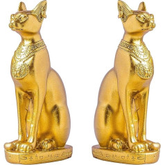 EASCHEER Ēģiptes kaķu dieviete Bastet Statue 2 gabali kolekcionējamas dzīvnieku statujas Ēģiptes dekorēšana (4,2 collu zelta)