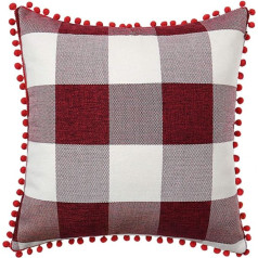 PiccoCasa Buffalo Check Plaid Throw spilvena pārvalks ar Pom-Poms, klasisks retro dekoratīvs spilvena pārvalks Dīvāna spilvena pārvalks gultai Dzīvojamā istaba Automašīnas sēdeklis 45 x 45 cm, bordo sarkans bēšs sarkans