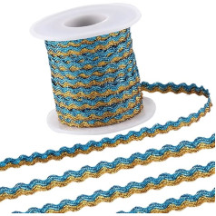 GORGECRAFT 15 m x 5 mm RIC Rac Trim Divu toņu spīduma viļņu josla Bending Fringe Trim Metāla acs mežģīnes viļņota austs siksna Audums DIY amatniecības rotaslietas izgatavošana Deep Sky Blue un Gold