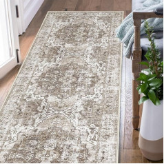 TOPICK Doormat 60 x 150 cm Entrance Area Rug Entrance Mat Foldable Thin Washable Rug Vintage Taupe Multi Floral Print Rug Non-Slip Lightweight Carpet Kitchen Bathroom Living Room