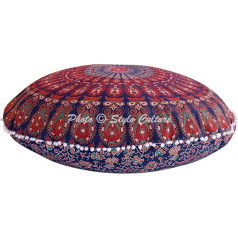 Stylo kultūra Indijas dekoratīvais apaļais grīdas spilvens 80 x 80 cm Lielais grīdas spilvens Pouf Mandala Tumši zils Boho Pom Pom mežģīnes Mājas dekors Kokvilnas pāvu spalvu grīdas sēdekļa spilvens Āra apdare