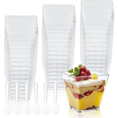 Yibaijia 50 Stück Dessertbecher, Dessertschalen, wiederverwendbare quadratische Käsekuchentöpfe aus Kunststoff, 120 ml, transparente Vorspeisen, Servierschale für Dessert, Party, mit 50xLöffel