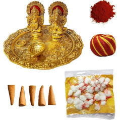 Alumīnija zelta krāsas pārklājumu Laxmi Ganesha Idol ar plāksni Puja Diwali dāvanu priekšmeti Deepawali rotājumi Indijas Dhanteras Pooja statujas Thali