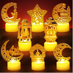 Weewooday Pack of 8 Eid Mubarak laternas Lights Mini Ramadāna LED karājas laternas Happy Eid Candle Lanterns Dekoratīvie mošejas Ramadāna dekoratīvie laternas musulmaņu Eid Mubarak tēma pusei galda