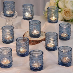 DARJEN Blue Votive Candle Holders Set of 36 Glass Candle Holders Bulk Pack for Tea Lights Embosised Candles Votive Candles for Wedding Living Room and Home Table Decoration