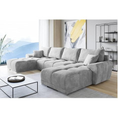 Ml Furniture Ltd ML Furniture Velvet U-shaped Corner Sofa - Light Grey - Couch with Storage Space and Cushions - Extendable Sofa with Sleep Function - Sofa Bed with Bed Box - Guest Bed - 365 x 189 cm