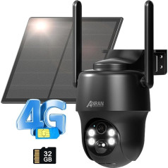 ANRAN 2K 3G/4G LTE novērošanas kamera āra akumulators ar SIM karti + 32 GB SD karte, 360° pagriežama bezvadu novērošanas kamera ar saules paneli, PIR kustības noteikšana, nakts redzamība, G1 Black