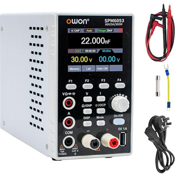 OWON laboratorijas barošanas avots (0-60V, 0-5A), SPM6053 2-in-1 līdzstrāvas barošanas avots un multimetrs, programmējams līdzstrāvas laboratorijas barošanas avots ar 150 W izejas jaudu 2,8 collu LCD displejs, 4 1/2 ciparu