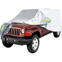 Automobiļu vāks, ūdensnecaurlaidīgs auto vāks Jeep Wrangler 4 durvju automašīnai, Anti-UV plēve Jeep Wrangler CJ, YJ, TJ & JK, 210D auto pilns garāžas vāks ar siksnām (4 durvju sudraba)