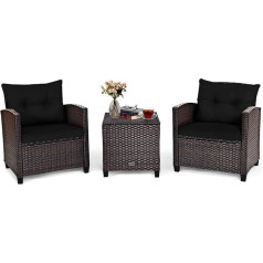 COSTWAY 3-Piece Rattan Furniture with 2 Armchairs and 1 Side Table, Polyrattan Garden Furniture Garden Lounge Garden Set Including Glass Top and Seat Cushion